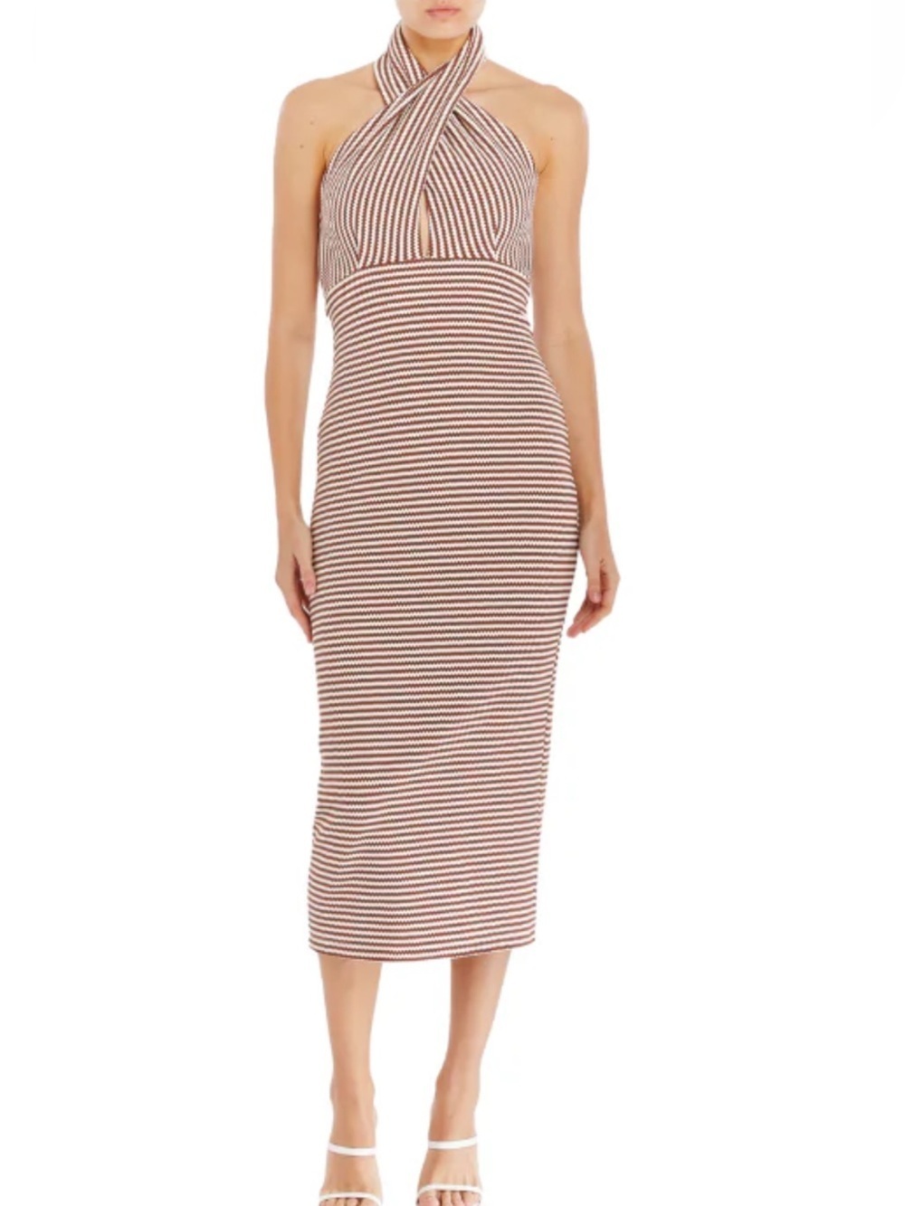 Amanda Uprichard Conchita Dress XS NWT Brown Cream Striped Halter Midi Bodycon